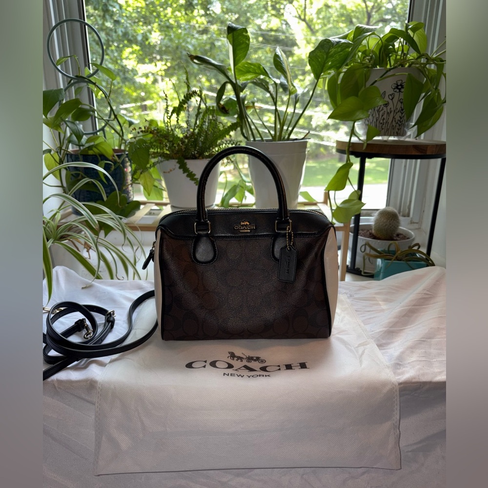 COACH Brown Signature Satchel with Cream Side Panels
